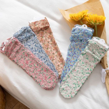 Женская мода в корейском стиле Harajuku С цветочным принтом, Пушистые Белые Высокие Длинные носки, Летние Тонкие Сетчатые Прозрачные Короткие чулки в пол