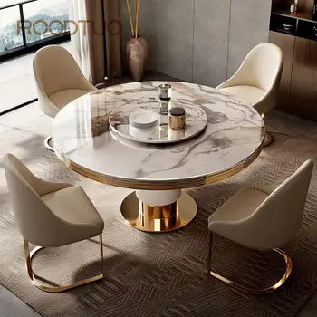 Мебель для дома, Легкий роскошный обеденный стол с поворотным столом, Круглый обеденный стол из толстого мрамора в золотой раме, высокого класса