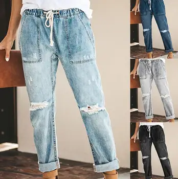 Женские джинсы 2023 Летние Новые винтажные джинсовые брюки со средней талией в стиле бойфренда с рваными отверстиями Повседневная винтажная ковбойская уличная одежда
