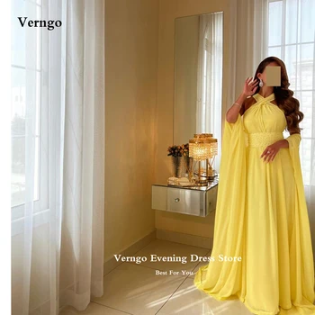 Длинные выпускные платья из желтого шифона Verngo на бретелях с рукавами-пиджаками, бисером, арабские женские вечерние платья, вечернее платье большого размера