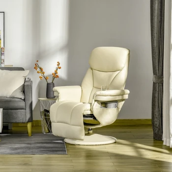 Кресло с откидной спинкой, вращающееся кресло для отдыха с боковым карманом, подставкой для ног и подстаканником, кремово-белый