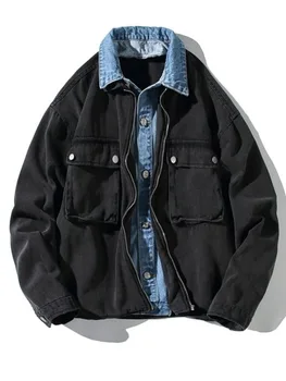 Поддельная Куртка-Двойка Из Джинсовой Ткани PatchworkJeans С Поясами Контрастного Черного Цвета, Повседневная Куртка, Пальто, Мужское Пальто в стиле Ретро На Молнии