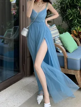 2023 Женское пляжное длинное праздничное платье с голубым сетчатым ремешком и V-образным вырезом, макси-платье с разрезом, элегантные платья для свадебной вечеринки, платье для выпускного вечера