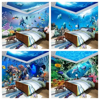 Обои с дельфинами в океанском мире На заказ Большая настенная роспись для детей Декор спальни Крыша Потолок Плакат Фон гостиной