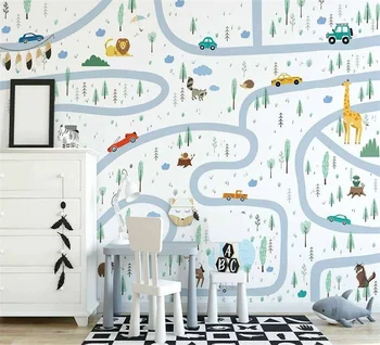 papel de parede 3d nordic, ручная роспись, мультяшный дорожный автомобиль, мультяшный животный рай, фоновая стена детской комнаты, 3D обои