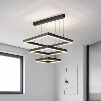 Простой дизайн art line подвесной светильник вилла гостиная современное черное светодиодное освещение квадратная металлическая линейная люстра