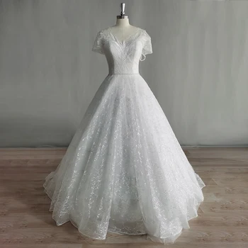 DIDEYTTAWL Элегантное свадебное платье трапециевидной формы из тюля с V-образным вырезом, расшитое бисером, Свадебное платье 2023 с кружевными пуговицами длиной до пола.
