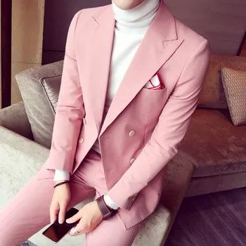 2020 Весенние мужские костюмы для свадьбы, Корейская мода, 3 предмета, мужские розовые двубортные костюмы, приталенные смокинги (пиджак + брюки + галстук)