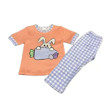 Новый бутик Оптовой продажи Пасхального кролика с короткими рукавами и мультяшным принтом, детский комплект одежды для мальчиков и девочек