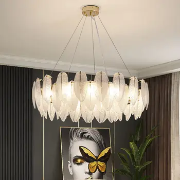 люстры из скандинавского стекла с перьями, роскошная золотая светодиодная люстра с круглым кольцом, лампа для гостиной и столовой, подвесной светильник для помещений