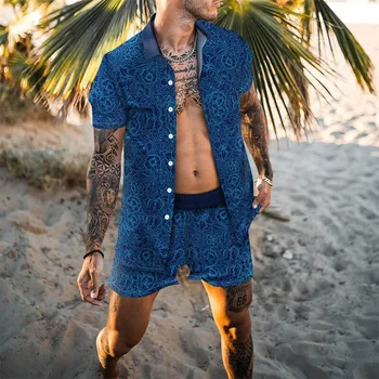 Летние Мужские гавайские комплекты, Синяя рубашка с коротким рукавом и пуговицами с цветочным принтом, Пляжные шорты, комплект из двух предметов, Повседневный праздничный мужской костюм из 2 предметов