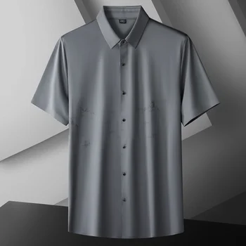 Большие размеры 7XL, летние мужские рубашки с высокой эластичностью, роскошные бесшовные рубашки с коротким рукавом в деловом стиле, повседневные мужские платья с принтом