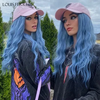 Синтетический парик LOUIS FERRE Long Blue Water Wave для косплея, синие повседневные парики с челкой для женщин, красочные вечерние термостойкие волосы