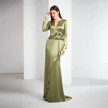 Новейшие оливково-зеленые платья русалки для выпускного вечера с V-образным вырезом и длинными рукавами с 3D цветами, длинные атласные платья знаменитостей для вечеринок длиной до пола