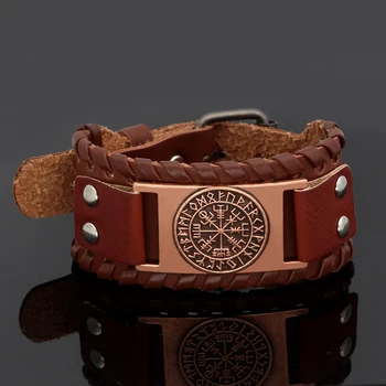 Кожаный браслет-амулет Nodic viking odin wolf -регулируемый размер 19-31 см
