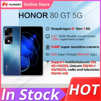 Смартфон HONOR 80 GT 5G с 6,67-дюймовым AMOLED-экраном частотой 120 Гц, Восьмиядерным процессором Snapdragon 8 + 54 Мп, Тройными Камерами мощностью 66 Вт, наддувом NFC