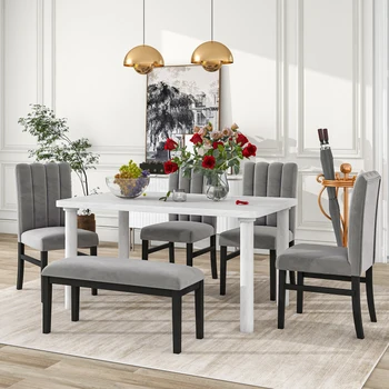 Белый + Серый Обеденный Стол из 6 предметов со Столом, облицованным Мрамором, и 4 Обеденными Стульями с байковой обивкой и скамейкой для гостиной