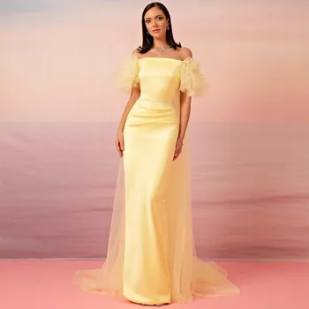 Элегантные длинные желтые атласные вечерние платья-футляр из бисера длиной до пола, плиссированные тюлевые мусульманские платья для выпускного вечера для женщин