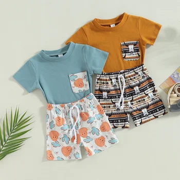 Винтажные летние комплекты одежды для маленьких мальчиков, карманные лоскутные футболки с коротким рукавом + шорты с графическим принтом крупного рогатого скота, повседневная одежда