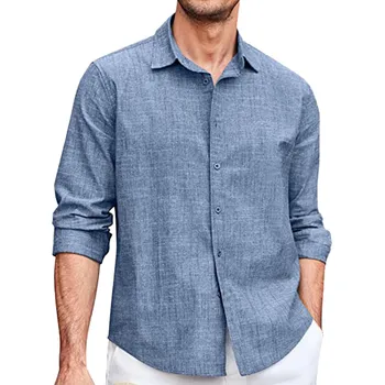 Весенне-летняя мужская рубашка из дышащего повседневного хлопка и льна, однотонные рубашки с отложным воротником, длинным рукавом и пуговицами, Свободная блузка