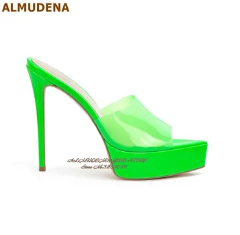 ALMUDENA Неоново-зеленые Желтые ПВХ Тапочки на высоком каблуке, босоножки на платформе с острым носком, прозрачные модельные туфли без застежки, Оранжево-Розовый Размер46