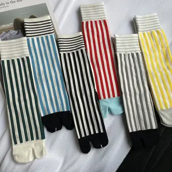 Разноцветные хлопчатобумажные носки в полоску, модные женские носки Таби в стиле ретро, Японские спортивные носки с разрезом средней длины в стиле харадзюку
