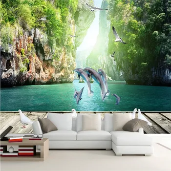 Пользовательские фотообои beibehang Современный дельфин, плавающий голубь, скала, морской туризм, пейзаж, фон для дивана в гостиной, настенные фрески