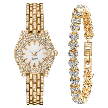 Комплект золотых роскошных часов со стразами, 2 предмета, женские кварцевые часы-браслет со стразами, женское платье, новые наручные часы Relogios