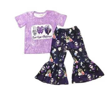 Модная летняя детская одежда для девочек, темный топ с рисунком черепа, топ с коротким рукавом, расклешенные брюки, комплект из двух предметов, бутик детской одежды