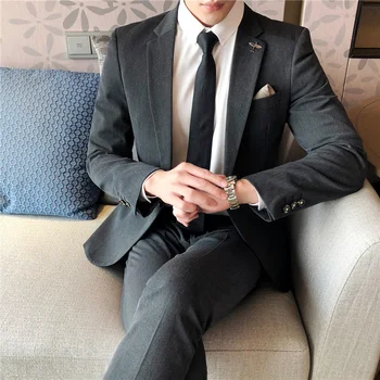 Бутик мужской (Блейзер + жилет + брюки) деловой модный тренд в британском стиле, приталенный блейзер жениха, шафера, свадебный комплект из трех предметов