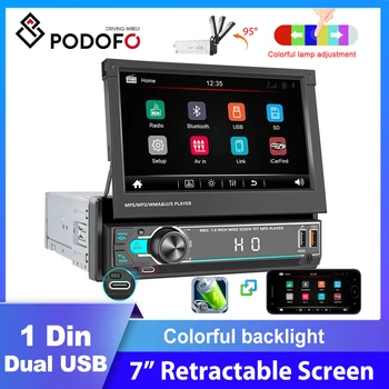 Автомагнитола Podofo 1 Din, 7-дюймовый Универсальный выдвижной экран, MP5-плеер, Мультимедийный видеоплеер, Bluetooth FM-радиоприемник, без dvd