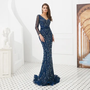 Элегантное вечернее платье из Дубая для женщин, роскошное кружевное платье с V-образным вырезом, расшитое бисером, Хрустальная Русалка для официальных мероприятий