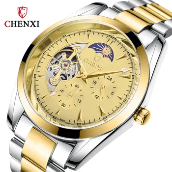 Chenxi - лучший бренд класса люкс, автоматические модные механические часы из нержавеющей стали, золотой дизайн, дисплей фазы Луны, мужские часы