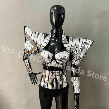 Серебряное зеркало, сценический костюм певицы и танцовщицы Technology Sense, сексуальное бикини, пальто с открытыми плечами, фестивальная карнавальная одежда