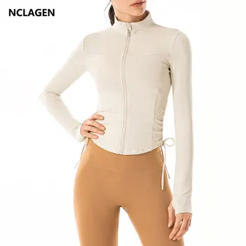 Спортивное пальто NCLAGEN, женская куртка для бега с длинным рукавом, топ для фитнеса на молнии, осенне-зимняя блузка для йоги, формирующая талию, для тренажерного зала