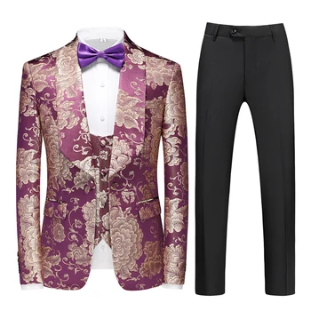 Модный Роскошный мужской свадебный костюм из 3 предметов, классическое Деловое платье для банкета и вечеринки, жаккардовое платье, мужские блейзеры, куртка, брюки и жилет