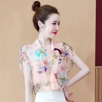 Женская шифоновая рубашка с короткими рукавами 2023, летняя новая рубашка реглан с короткими рукавами и принтом, корейская модная свободная блузка, женский топ