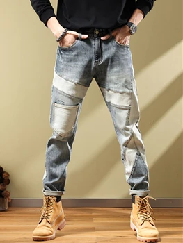 Новые модные джинсы с отстрочкой, Эластичные узкие мужские брюки для маленьких ног, одежда в стиле хип-хоп со средней талией.