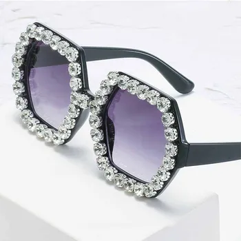 Полигональные женские солнцезащитные очки со стразами и бриллиантами, модный винтажный дизайн, роскошные солнцезащитные очки для женщин в негабаритной оправе 2023