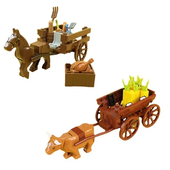Фермерский экипаж, коровья повозка, ретро-автомобиль с видом на улицу, сцена MOC, строительные блоки, кирпичи, игрушки, животные, совместимые с LEGO