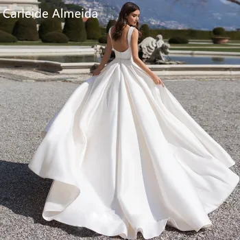 Vestido de noiva, Очаровательные свадебные платья трапециевидной формы с V-образным вырезом и открытой спиной, 2021, Роскошные пояса, расшитые бисером, Матовое атласное свадебное платье Принцессы