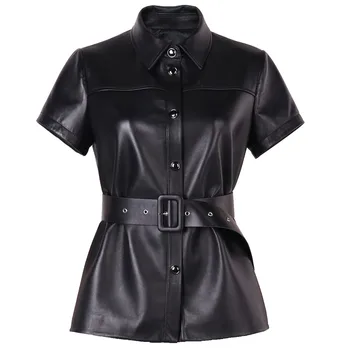 YOLOAgain, однобортная Черная кожаная рубашка с коротким рукавом, женская летняя куртка из натуральной кожи, женская