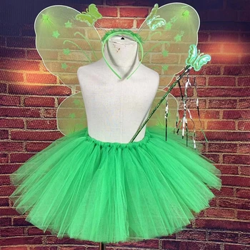 Зеленая юбка феи-бабочки для девочек, пышная Газовая юбка-пачка, костюм с крыльями Джингл Литл Тинкер Белл, Рождественский костюм на Хэллоуин