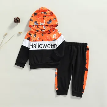 Детский комплект одежды на Хэллоуин, топы с капюшоном и длинными рукавами с принтом для мальчиков + брюки с эластичной резинкой на талии, наряды