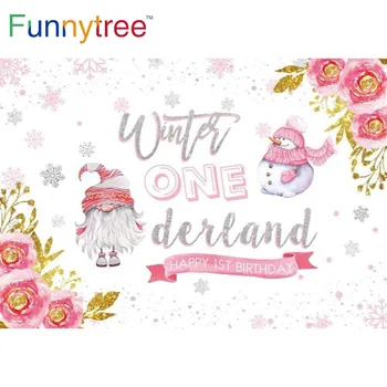 Funnytree С 1-м Днем Рождения, Девочка, Зима, Onederland, Фон для Душа ребенка, Снеговик, Рождество, Золотые Цветы, Белые Точки