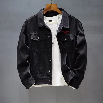 Весенне-осенняя мужская черно-белая джинсовая куртка с модным буквенным принтом большого размера 5XL, мужская трендовая свободная молодежная джинсовая куртка