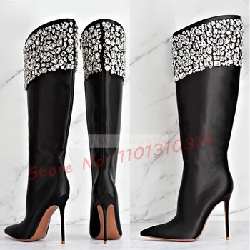 Кожаные сапоги на высоком каблуке с хрустальной инкрустацией, женские черные остроносые блестящие сапоги до колена, женская роскошная модная сексуальная обувь широкого кроя
