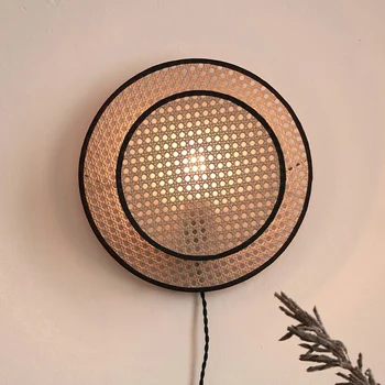 Китайский плетеный настенный светильник из бамбука, круглый креативный настенный светильник, прикроватная лампа для чайной комнаты, кабинета, коридора
