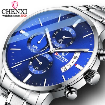 Модные роскошные мужские часы CHENXI От ведущего бренда, синие спортивные часы с хронографом из нержавеющей стали, мужские водонепроницаемые военные наручные часы