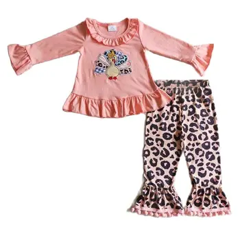Топы с длинными рукавами и вышивкой в виде индейки с леопардами, комплекты для маленьких девочек, весенняя одежда от 1 до 8 лет, костюмы